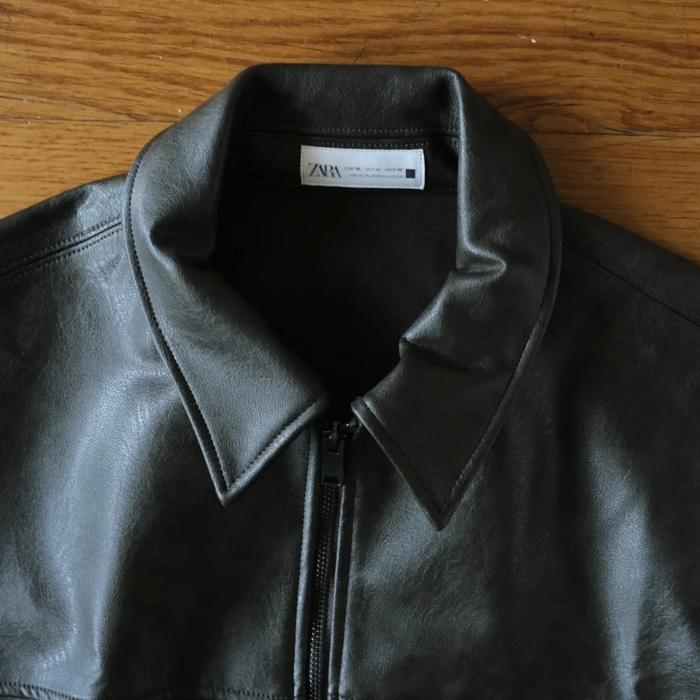 Zara Faux Leather Short Sleeve Jacket Dark Green Zip Up Chest Pocket M Street - Picture 2 of 8